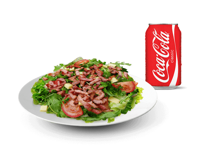 1 Salade au choix   
+ 1 Boisson 33cl au choix,  
 2 Euro de plus pour 1 dessert  au choix.