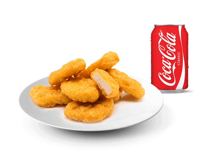 12 Nuggets ou 8 chicken wings  
+ 1 Boisson 33cl au choix, 
 2 Euro de plus pour 1 dessert  au choix.